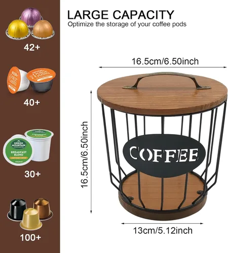 Vista 4 de Soporte redondo para cápsulas de café con tapa y base de madera, cesta de almacenamiento de cápsulas de café de alambre para decoración del hogar