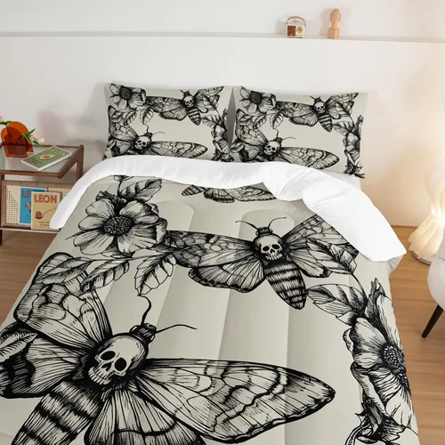 Vista 4 de HOSIMA Juego de edredón de decoración gótica, patrón de calaveras de polilla de la muerte, juego de cama de Halloween tamaño Queen para decoración