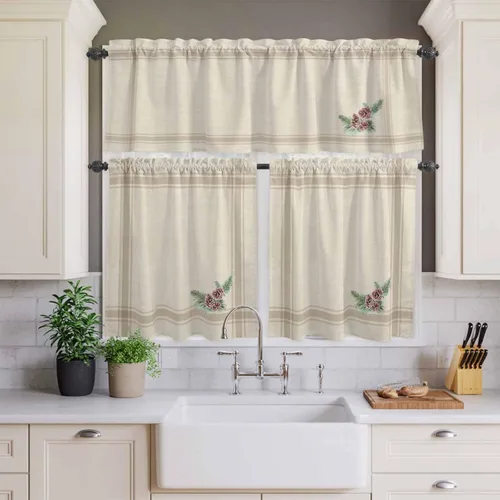 Vista 2 de Juego de 3 cortinas de cocina de piñas de Navidad, cenefa y bolsillo para barra, juego de cortinas rústicas retro a rayas francesas para cocina