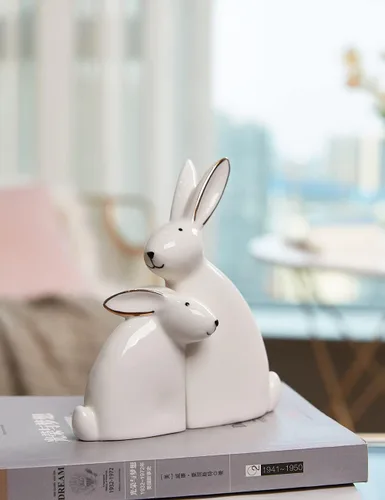 Vista 10 de SEINHIJO Estatua de conejo, escultura de conejo, decoración moderna, regalo de animales para el hogar, Pascua, oficina, cerámica, 5.9 pulgadas