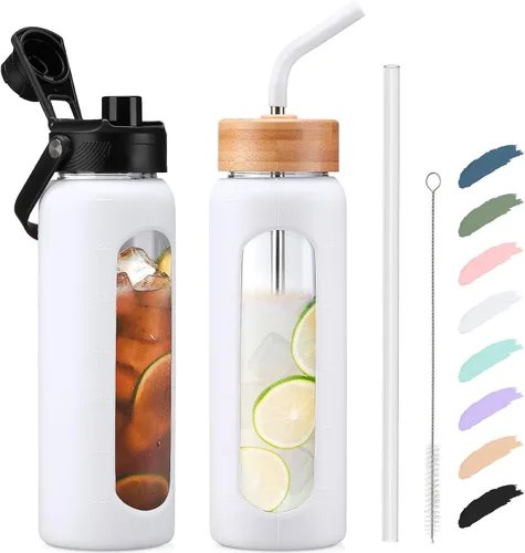 Vista 54 de Botella de agua Kodrine con pajita, botella de vidrio de 24 oz con 2 tapas, una de pajita de bambú y otra con pico y asa, botella de vidrio