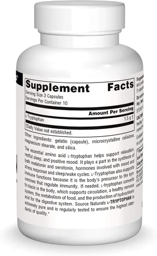 Vista 3 de Source Naturals L-triptófano, para el estado de ánimo, la relajación y el sueño*, 500 mg - 30 cápsulas