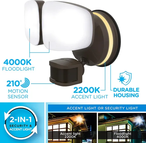 Vista 2 de Enbrighten Vibe - Luz de seguridad LED inteligente, cabezal doble, activada por movimiento Listado ETL, resistente a los rayos UV, 2500 lúmenes