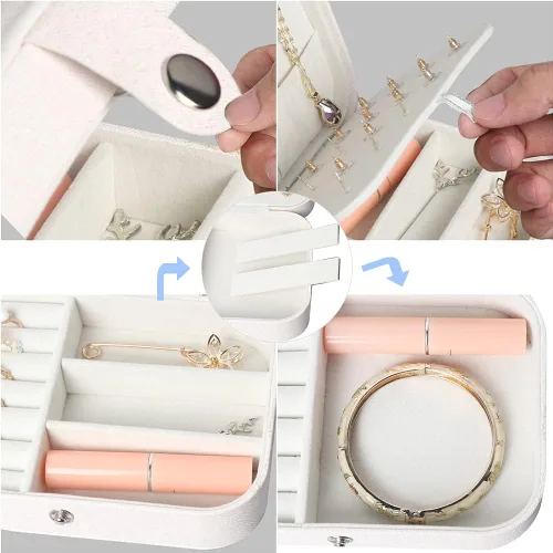 Vista 5 de Joyero para Viaje, Cajas Organizadoras de Joyería Pequeñas para Mujeres y Niñas, Estuche de Joyería de Viaje de 2 Capas, Estuche de Almacenamiento