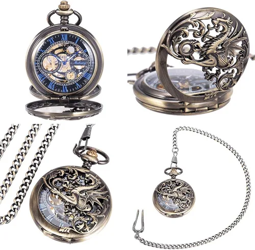 Vista 3 de ManChDa Reloj de bolsillo mecánico de esqueleto antiguo para hombre Dragon Hollow Hunter con cadena y caja, Mecánico