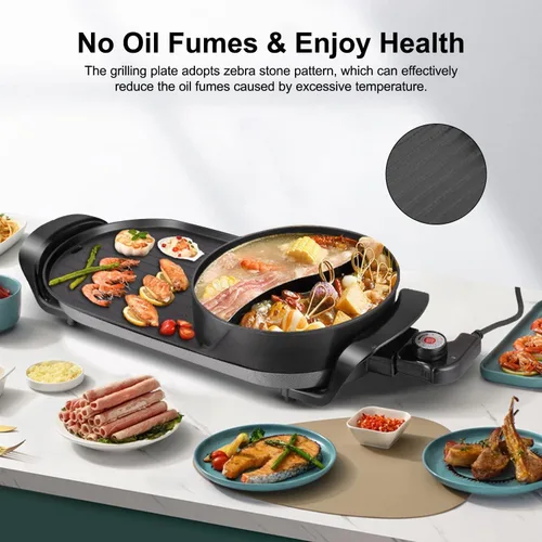 Vista 5 de Olla caliente de 27" con parrilla, parrilla eléctrica de barbacoa coreana de 2200W antiadherente para 2-12 personas, control de temperatura dual
