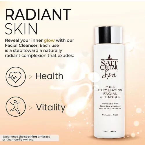 Vista 6 de Salt Cellar Spa Limpiador facial exfoliante suave, enriquecido con minerales del mar muerto, vitamina C y manzanilla, 7 onzas