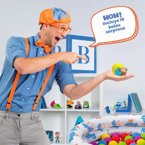 Vista 2 de Blippi Ball Pit Mystery Adventure, con pozo de bolas inflable portátil para interiores y exteriores, 35 bolas de plástico, 10 bolas sorpresa con 10
