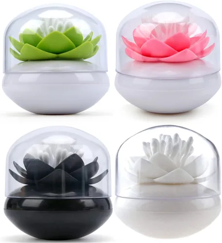 Vista 15 de Bloss - Juego de recipientes para bastoncillos de algodón con forma de flor de loto. Caja pequeña para palillos de dientes QTips. Decoración floral