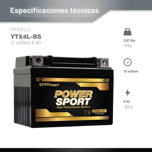 Vista 2 de ExpertPower YTX4L-BS - Batería AGM para motocicleta de 12V 4Ah para patinete de 50cc SA50 Elite LX, SB50, TTR125, batería ATV de 120 CCA para Mini