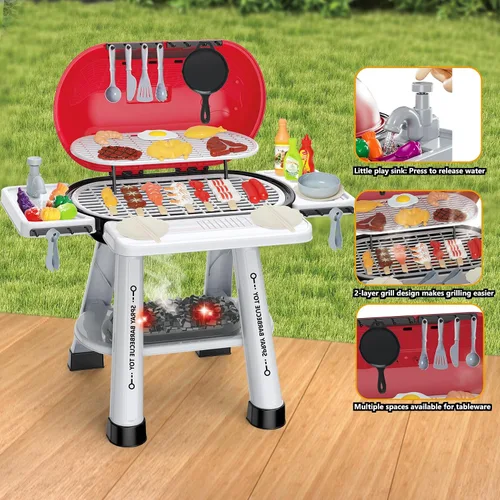 Vista 5 de Juegos de Cocina de Juguete para Niños Pequeños de 3-5 Años, Juego Interactivo de Parrilla BBQ para Interiores y Exteriores con Humo, Sonido y Luz