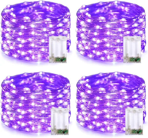 Vista 23 de JMEXSUSS 4 unidades de luces de hadas LED de 50 luces en púrpura y verde, luces de cadena de hadas operadas con batería, luces de 16 pies