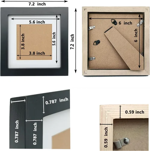 Vista 4 de ZXT-parts Portarretratos de 6 x 6 pulgadas, color negro sin paspartú, marco de fotos de 4 x 4 con paspartú, madera maciza, 2 paneles