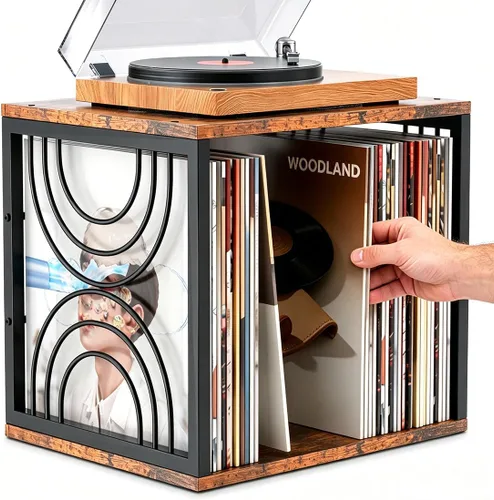 Vista 8 de Soporte para discos de vinilo de 80 a 100 libras, soporte de vinilo apilable, soporte para tocadiscos de 2 niveles, soporte giratorio de madera