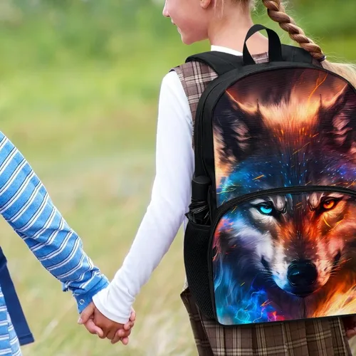 Vista 5 de Mochila genial para niños, mochila de lobo, mochila negra grande de 17 pulgadas, perfecta para 6 a 14 años, Fire and Ice