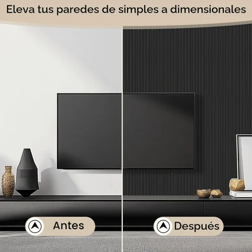 Vista 3 de Paquete de 8 paneles de pared con listones 3D, paneles de pared de madera sintética insonorizados para decoración de interiores, 47.2 x 6.3 Negro