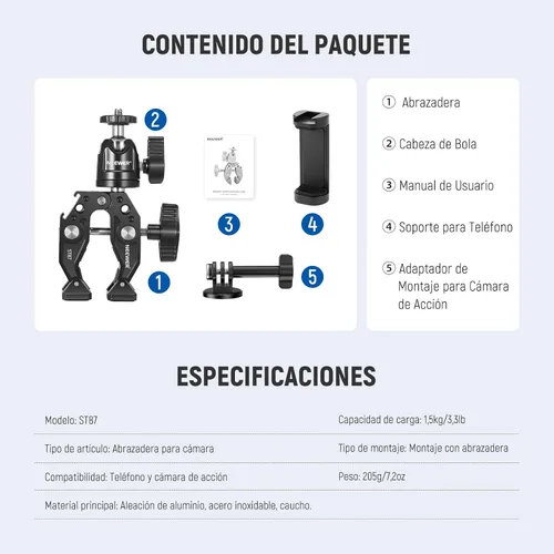 Vista 8 de NEEWER Super Clamp con Brazo Mágico de Cabeza Esférica Doble de 3", Zapata Fría, Roscas de 1/4", Adaptador de Montaje para Cámara de Teléfono/Acción