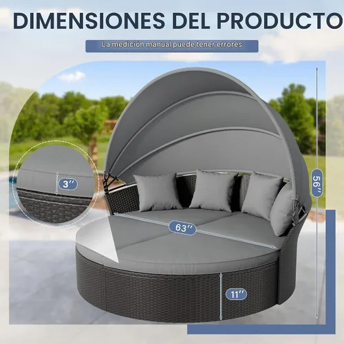 Vista 6 de Crownland Sofá cama redondo para patio con toldo retráctil, modular de mimbre con concha, muebles de mimbre para exteriores, sofá cama para patio