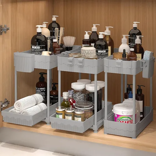 Vista 10 de Sevenblue Paquete de 3 organizadores para debajo del fregadero, organizadores multiusos de cocina y baño de 2 niveles y almacenamiento con cajones
