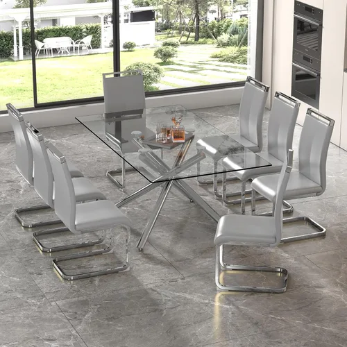 Vista 8 de Juego de 6 mesas de comedor de cristal, moderno juego de mesa de comedor de vidrio templado rectangular transparente de 71 pulgadas y 6 sillas