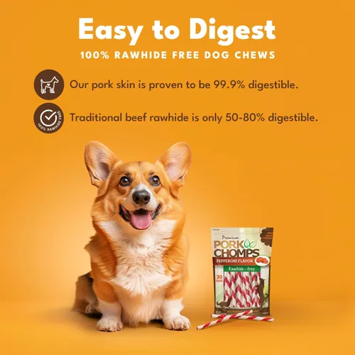 Vista 2 de Pork Chomps Masticables para perros de piel de cerdo al horno, 5 en mini giros, Pepperoni, 30 unidades Horneado con piel de cerdo real: un