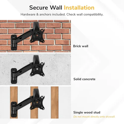 Vista 9 de Mount-It! Brazo de montaje de monitor en pared, resorte de gas de movimiento completo, se adapta a pantallas de 13–32" hasta 14.3 lbs, VESA 75x75