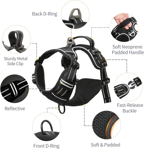 Vista 4 de HEELE Arnés para perro pequeño sin tirones con mango suave, arnés reflectante ajustable, color negro, XS Reflective Front Clip Vest with Control