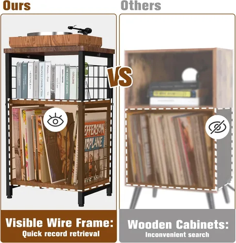 Vista 5 de Soporte para tocadiscos de vinilo, mesa auxiliar de 3 niveles con doble capa, color negro Turntable Record Stand Storage Up to 100 Albums