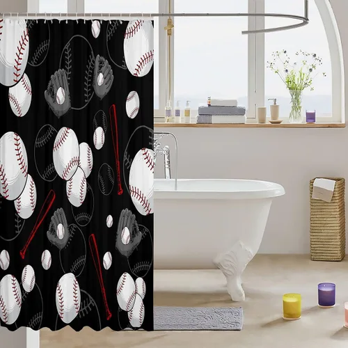 Vista 2 de Decorative White Baseball Shower Curtain Waterproof Polyester Fabric,Red Baseball Bat Bath Curtain Home Bathroom Decor Hanging Curtain with Hooks 72