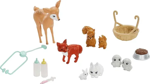 Vista 5 de Muñeca Barbie veterinaria y juego, tema de rescate de animales con 8 figuras de vida silvestre, casa en el árbol, estación de cuidados, puente