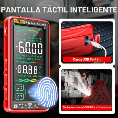 Vista 3 de Multímetro inteligente, probador de multímetro digital con pantalla táctil, 6000 cuentas, rango automático, recargable, una pantalla inversa Rojo