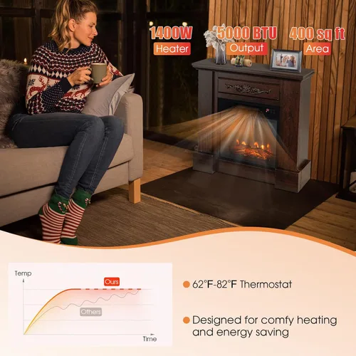 Vista 5 de Tangkula Chimenea eléctrica de 1400 W de 32 pulgadas con chimenea, calentador independiente con efecto de llama 3D, control remoto, termostato