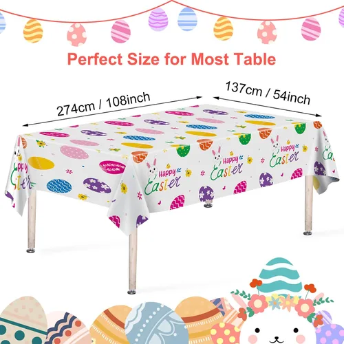 Vista 3 de Mantel de Pascua de 3 piezas, funda de mesa de conejo de Pascua, mantel rectangular de plástico desechable con huevos coloridos para primavera, día