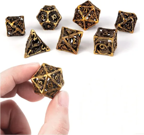 Vista 19 de Dados DND, dados de metal huecos D&D, juego de dados de mazmorras y dragones con caja de regalo, 7 piezas de juegos de dados poliédricos steampunk