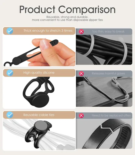 Vista 3 de 20 bridas de silicona para cables de 3 pulgadas, organizador de cables reutilizables pequeños para cables de carga, auriculares, cables de Negro