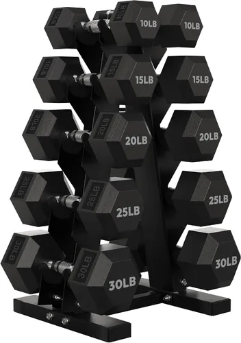 Vista 10 de HANDBODE Juego de mancuernas hexagonales recubiertas de goma con estante de marco en A, 100 libras - 600 libras, múltiples opciones
