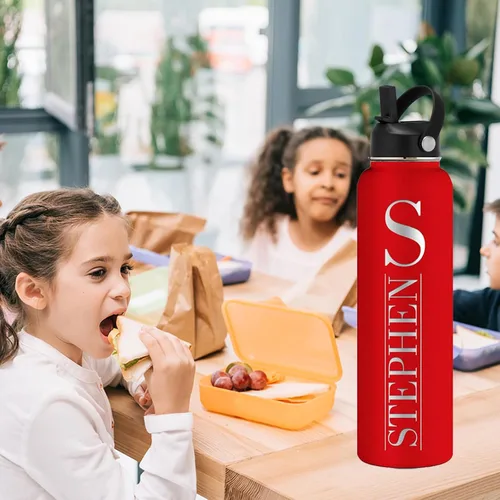 Vista 7 de Botellas de agua personalizadas con tapa de pajilla, botella de agua personalizada de 24 onzas, botella de agua aislada con grabado láser con Morado