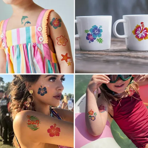 Vista 3 de CHARLENT Tatuajes temporales de hibisco con purpurina para decoración