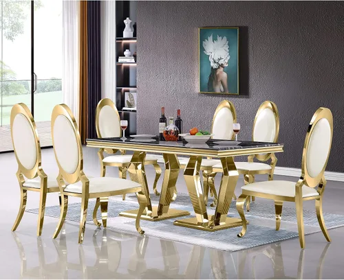 Vista 5 de ACEDÉCOR Sillas de comedor blancas y doradas, modernas sillas de piel sintética blanca, magnífica silla ovalada con respaldo de acero inoxidable