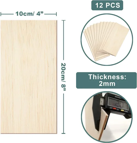 Vista 2 de 12 hojas de madera de balsa sin terminar de 8 x 4 pulgadas de grosor para manualidades, 0.079 in de grosor Craftiff
