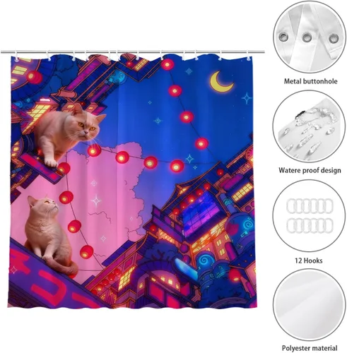 Vista 7 de Neon City - Cortina de ducha de gatos con linternas, poliéster impermeable, decoración Cyberpunk para niños y adultos, se adapta a bañera, ducha
