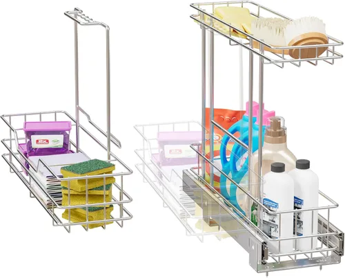 Vista 10 de Organizador de gabinete extraíble de 2 niveles para debajo del fregadero, cesta de estante de alambre deslizante para gabinetes de base de cocina, 9