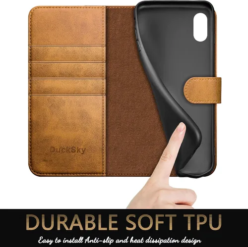 Vista 6 de DuckSky Funda tipo cartera de piel auténtica para iPhone Xs Max [bloqueo RFID] 【4 tarjeteros de crédito】【Cuero auténtico】 Funda protectora para Caqui