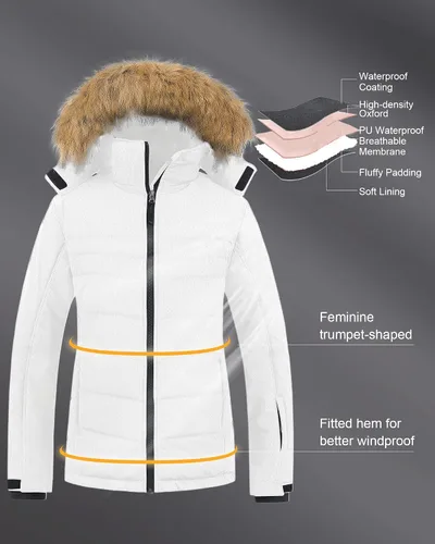 Vista 5 de Pursky Chaqueta de esquí impermeable para mujer, abrigo de nieve acolchado de invierno, abrigo de piel con capucha