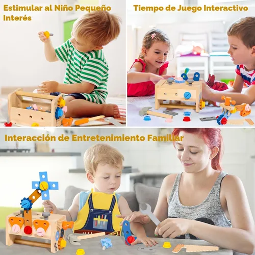 Vista 7 de TONZE Juego de herramientas para niños con delantal, caja de banco de herramientas de madera para niños pequeños, juguetes Montessori para niños