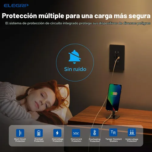 Vista 4 de ELEGRP Tomacorrientes USB, 30 W 6.0 Amp USB C, toma de pared USB de 3 puertos, toma de corriente resistente a manipulaciones de 15 amperios con 2