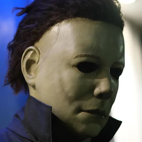 Vista 7 de Máscara de terror de Halloween, máscara de látex blanco de lujo de cabeza completa con cabello negro, accesorio de disfraz