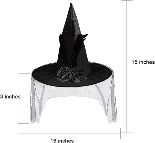 Vista 2 de Sombrero de bruja negro de Halloween con flor de rosa negra y plumas gorra de bruja de Halloween accesorio para adultos y mujeres fiesta de Halloween
