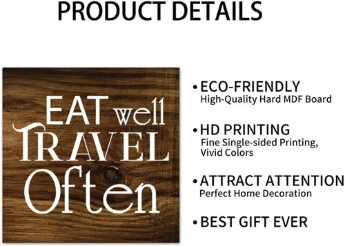Vista 7 de LITTLEGROVE SEEDS Letreros de madera rústica con refranes Eat Well Travel Often, placa de madera de granja, decoración de pared rústica para sala