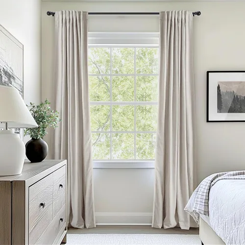 Vista 8 de INOVADAY - Cortinas 100% opacas para dormitorio y sala de estar, con anillos de clip, bolsillo para barra, juego de 2 paneles, de lino, con Beige